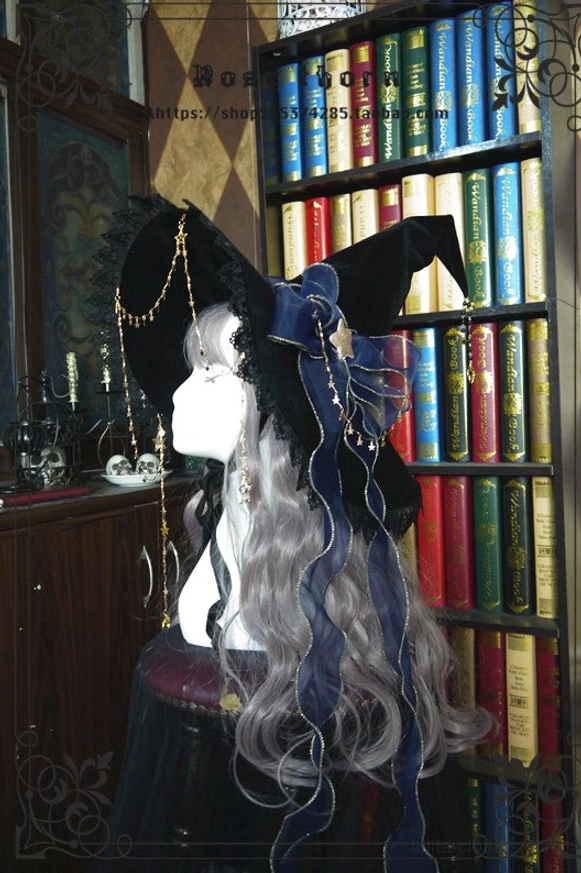 Dark green bow ribbon lolita witch hat without veil and star chain, nature-inspired woodland gothic lolita coordinate