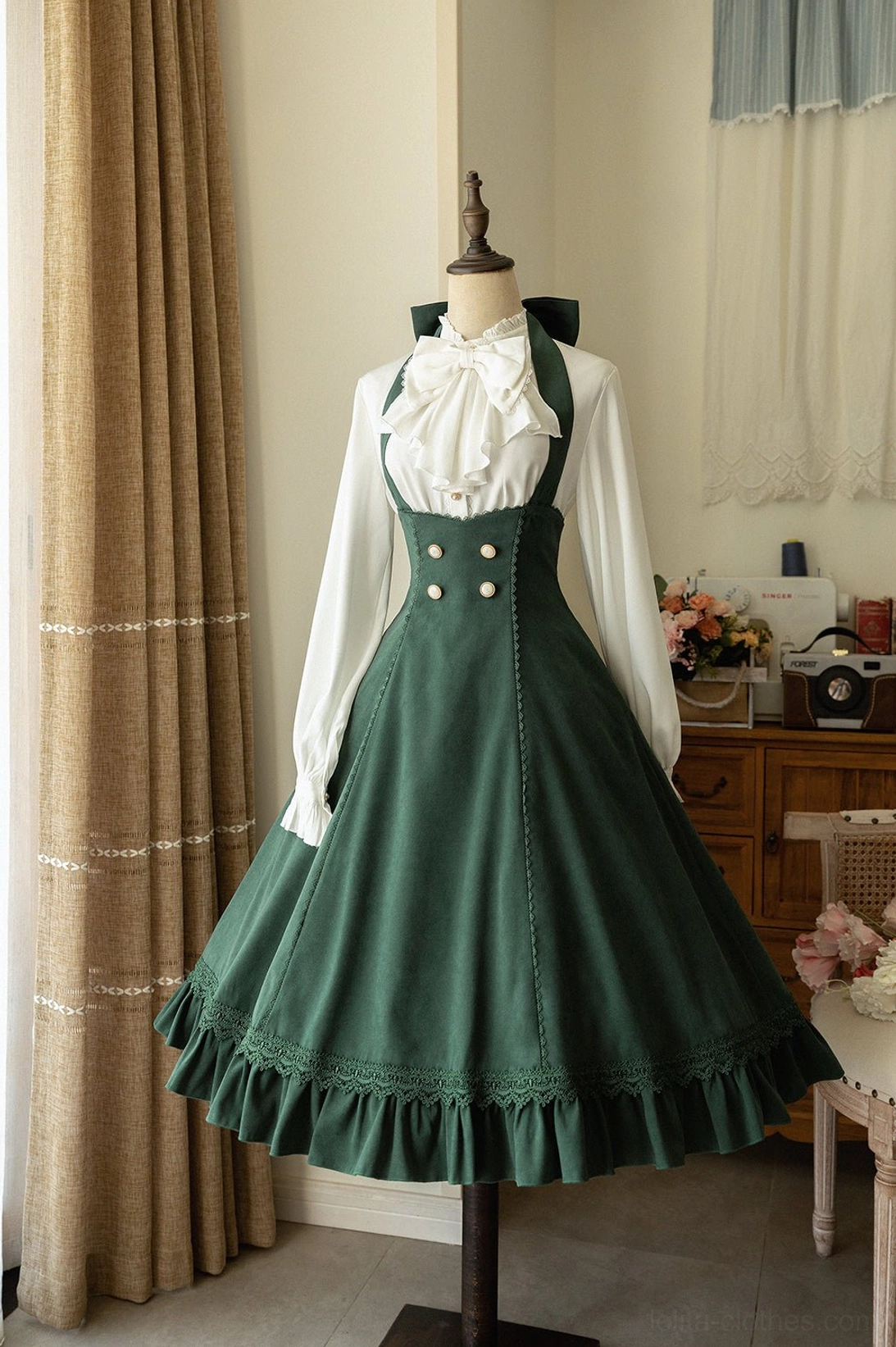 Dark green brushed fabric vintage halter JSK dress forest-inspired enchantment luxurious velvety texture, full front display dress form lolita fashion