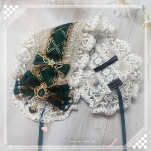 Dark green children's lolita headband with star bow accessories and plaid pattern details, handmade sweet lolita hair accessory
