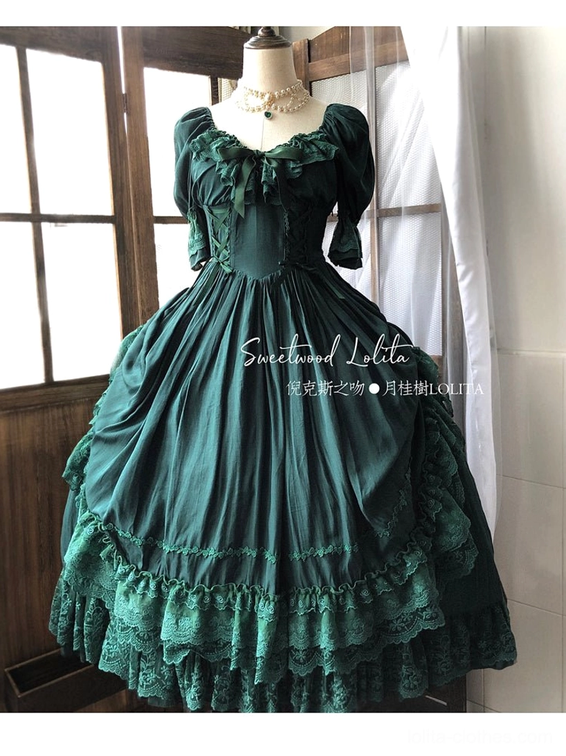 Dark green French Lolita one-piece dress long version showing elegant proportions and full skirt volume with puff sleeves