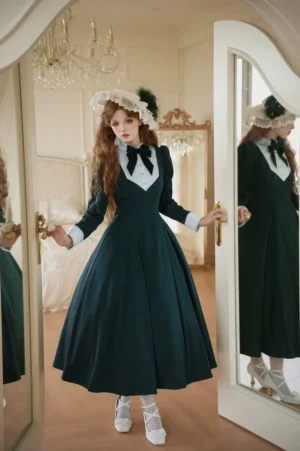 Deep green vintage Lolita OP dress with white contrast collar, bow decoration, and puff sleeves, displayed in luxury bedroom with mirror reflection