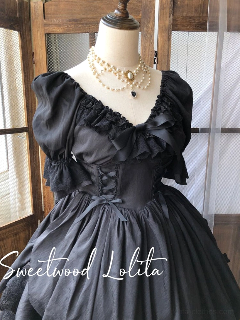 Dark green French Lolita one-piece dress showing sophisticated color alternative for refined Lolita style