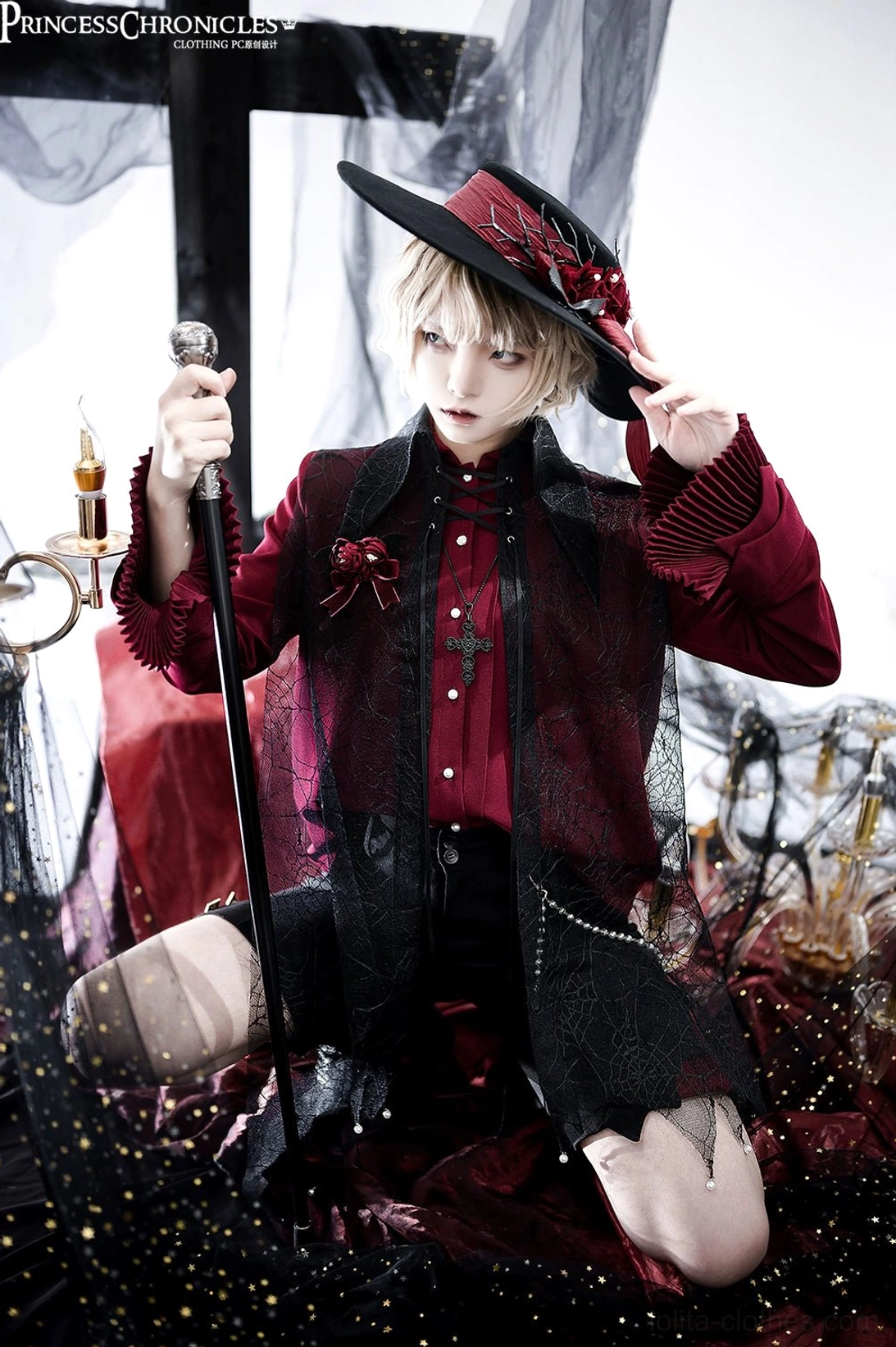 Ouji long sleeve ruffled shirt dark green color side profile view architectural collar silhouette