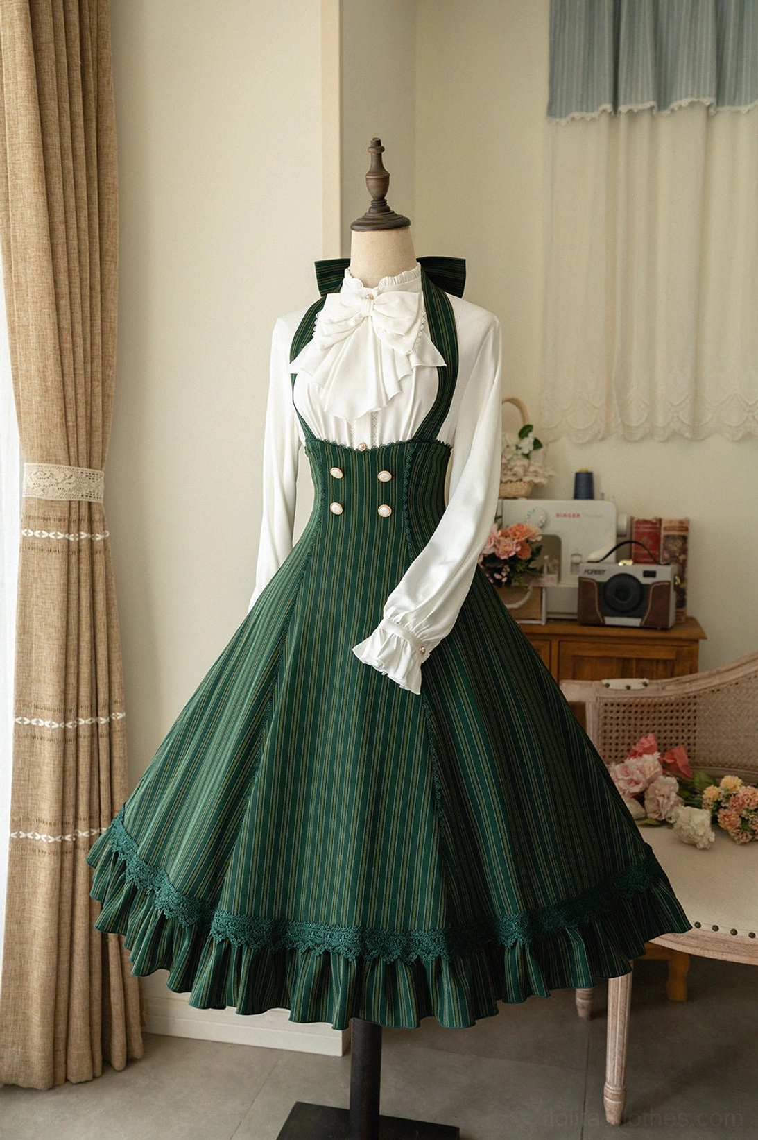 Dark green striped vintage halter JSK dress with ruffled lace hem, front view dress form display sophisticated lolita style coordinate