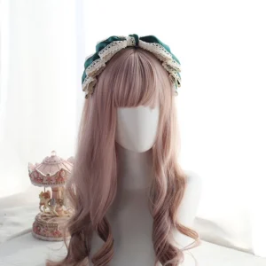 Dark Green Satin Sweet Lolita Lace KC Headdress with Beige Retro Lace Trim - Front View on Mannequin