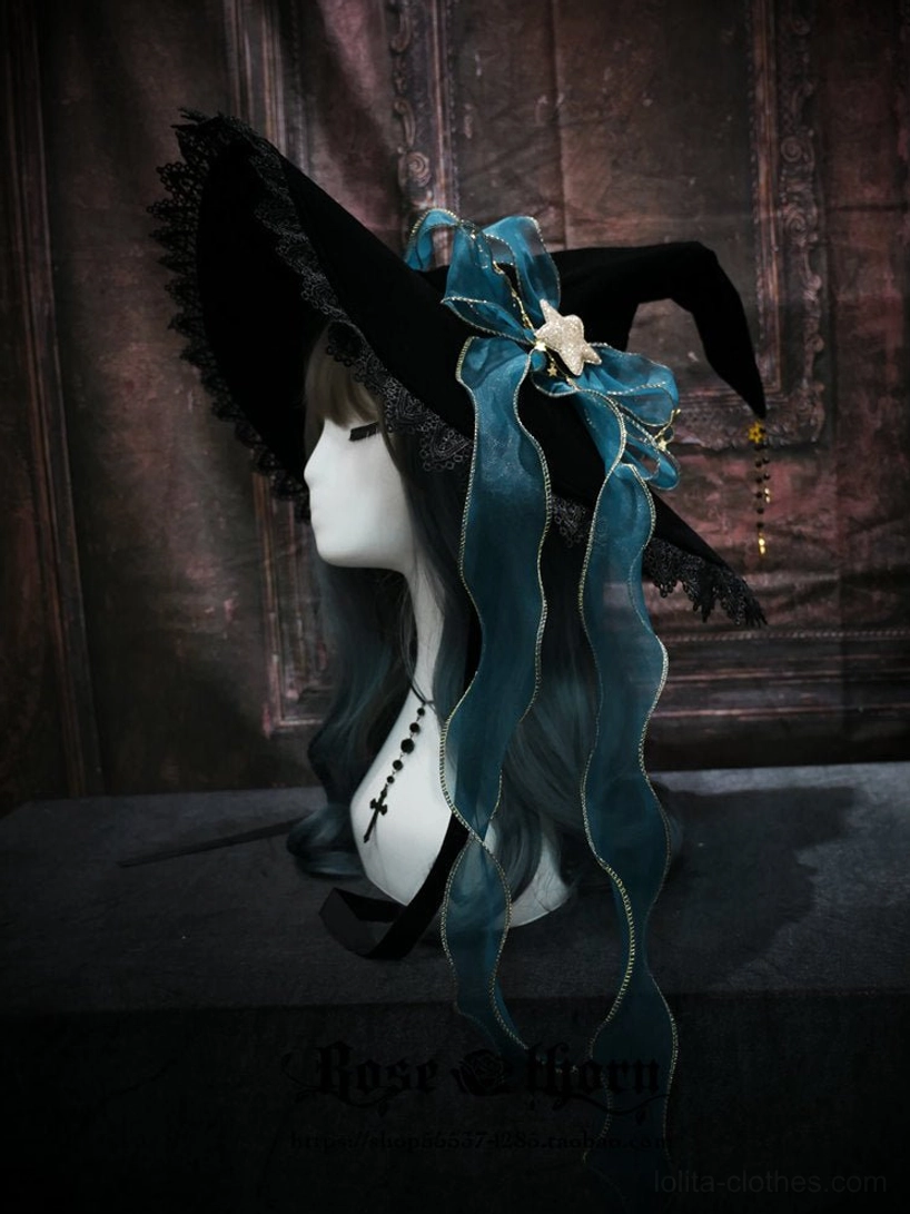 Dark green velvet lolita witch hat with bow ribbon, nature-inspired gothic alternative for woodland-themed lolita fashion