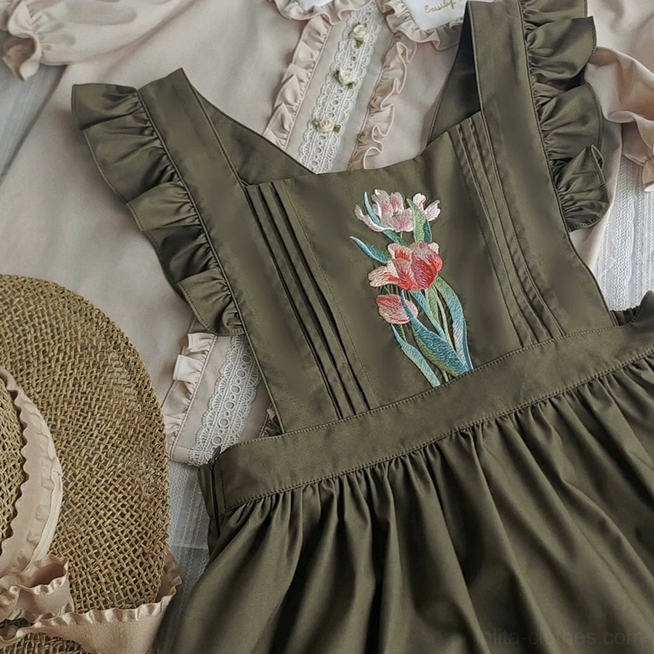 Dark khaki green tulip embroidery classic lolita salopette dress full-body front A-line silhouette