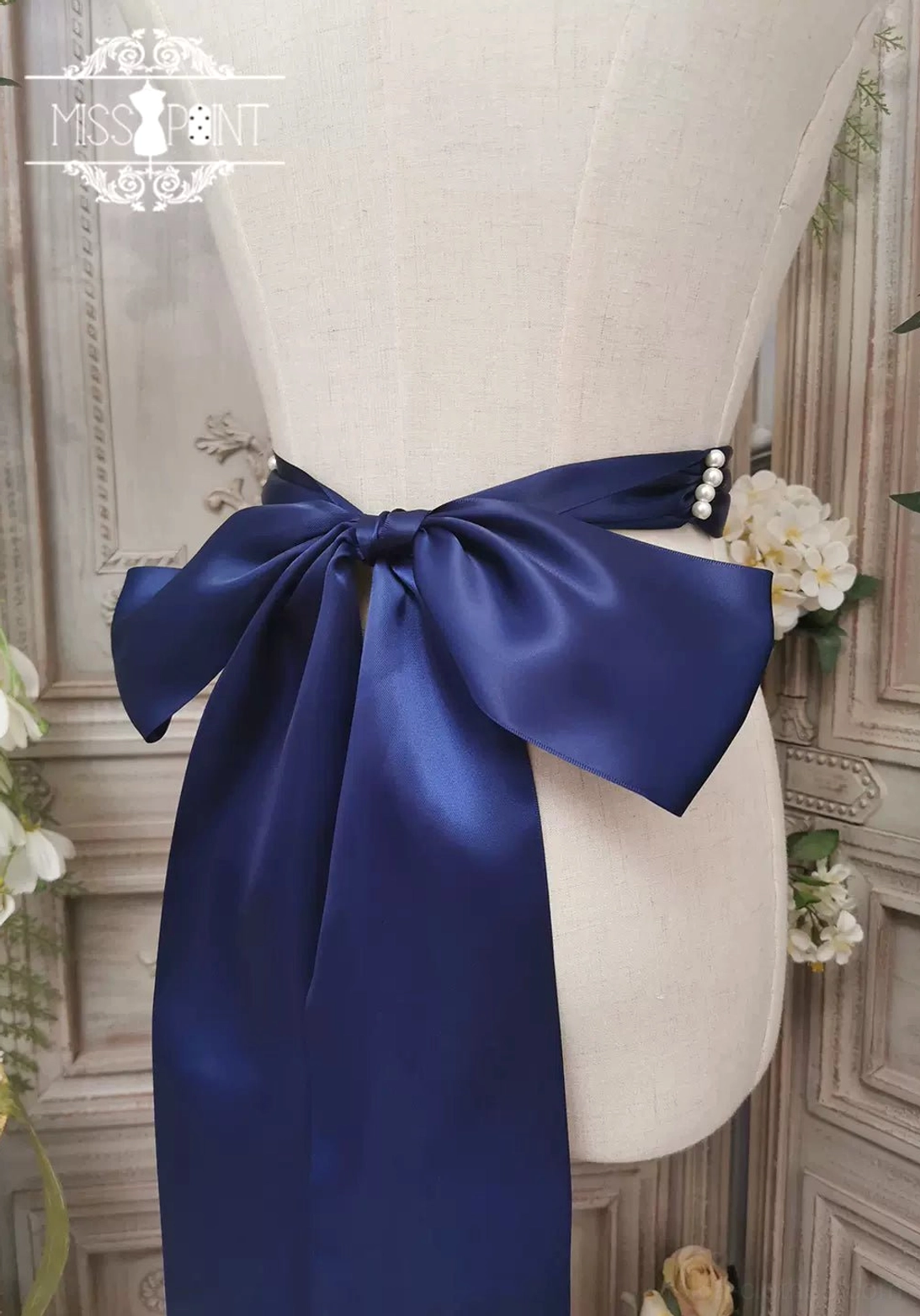 Dark navy lolita ribbon beaded belt variant featuring handmade pearl embellishments and traditional floral weaving pattern