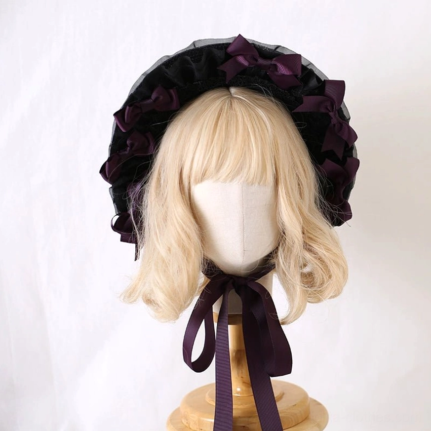 Dark purple lolita headdress bonnet with black ruffled lace and detachable dark purple satin bows
