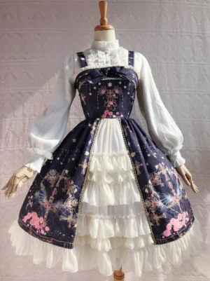 Dark Purple Peacock Cross Classic Lolita JSK Jumper Skirt with front opening, cross and rose print tiered ruffled skirt, lace-up corset back, front three-quarter view on mannequin