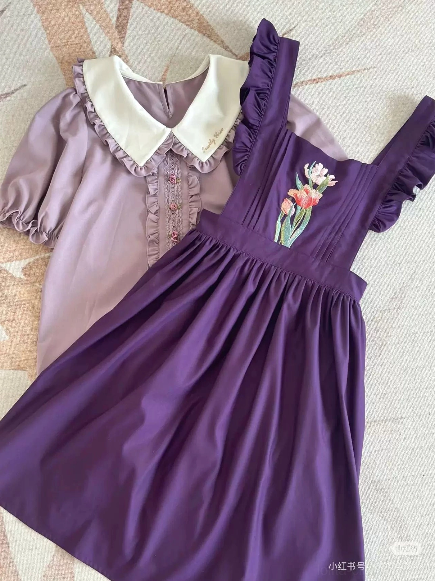 Dark purple tulip embroidery classic lolita salopette dress blouse full-body front vintage aesthetic