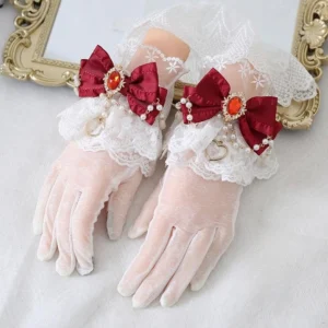 Dark red satin bow vintage lolita lace gloves with white ruffled cuffs and pearl heart pendants detachable brooch sunscreen gloves