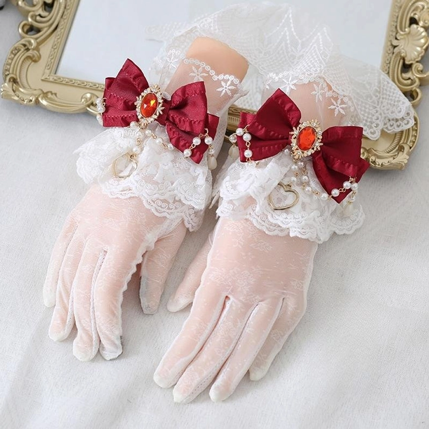 Dark red satin bow vintage lolita lace gloves with white ruffled cuffs and pearl heart pendants detachable brooch sunscreen gloves