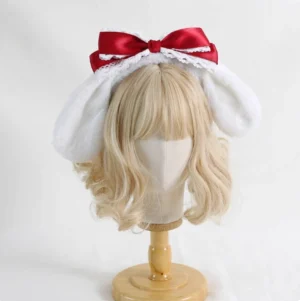 Dark red Cinnamoroll plush ear lolita headdress with glossy red satin bow and white lace border on mannequin head kawaii character inspired