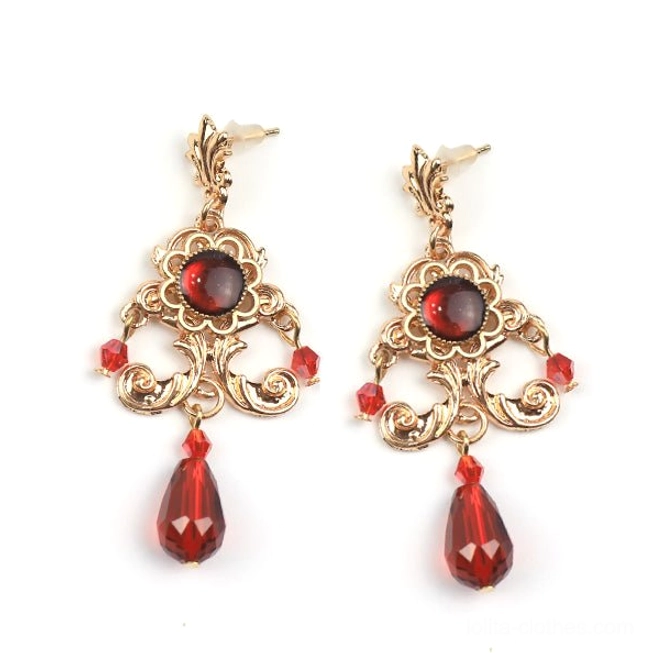 Dark red crystal vintage Baroque Lolita drop earrings with gold filigree details, red beads and red teardrop pendants
