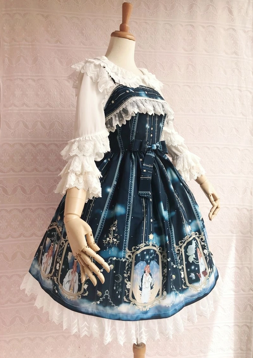 Dark teal angel print Lolita JSK with ruffled lace bust, stripe and star patterns - left side view showcase