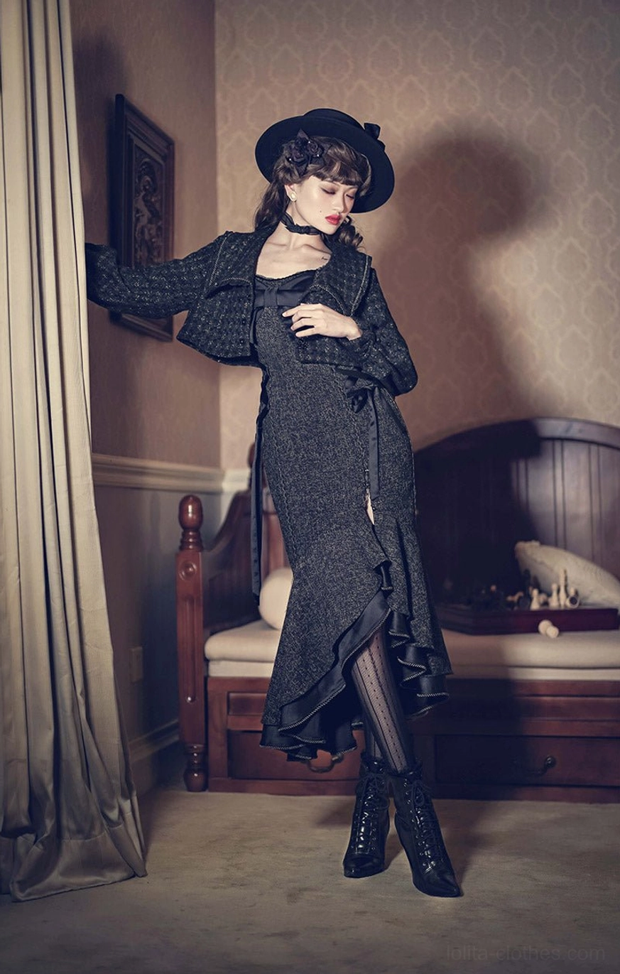Dark tweed vintage Lolita coat dress with asymmetric fishtail hem and matching cropped jacket, fitted waist design shown in side view with vintage bedroom styling