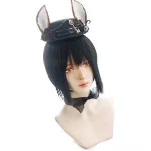 Deacon ouji lolita short black bob wig with bunny ear top hat and gold key decorations front close-up display mannequin