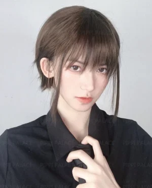 Deacon ouji lolita natural brown short bob wig with side-swept bangs worn by female model wearing black formal shirt and necktie
