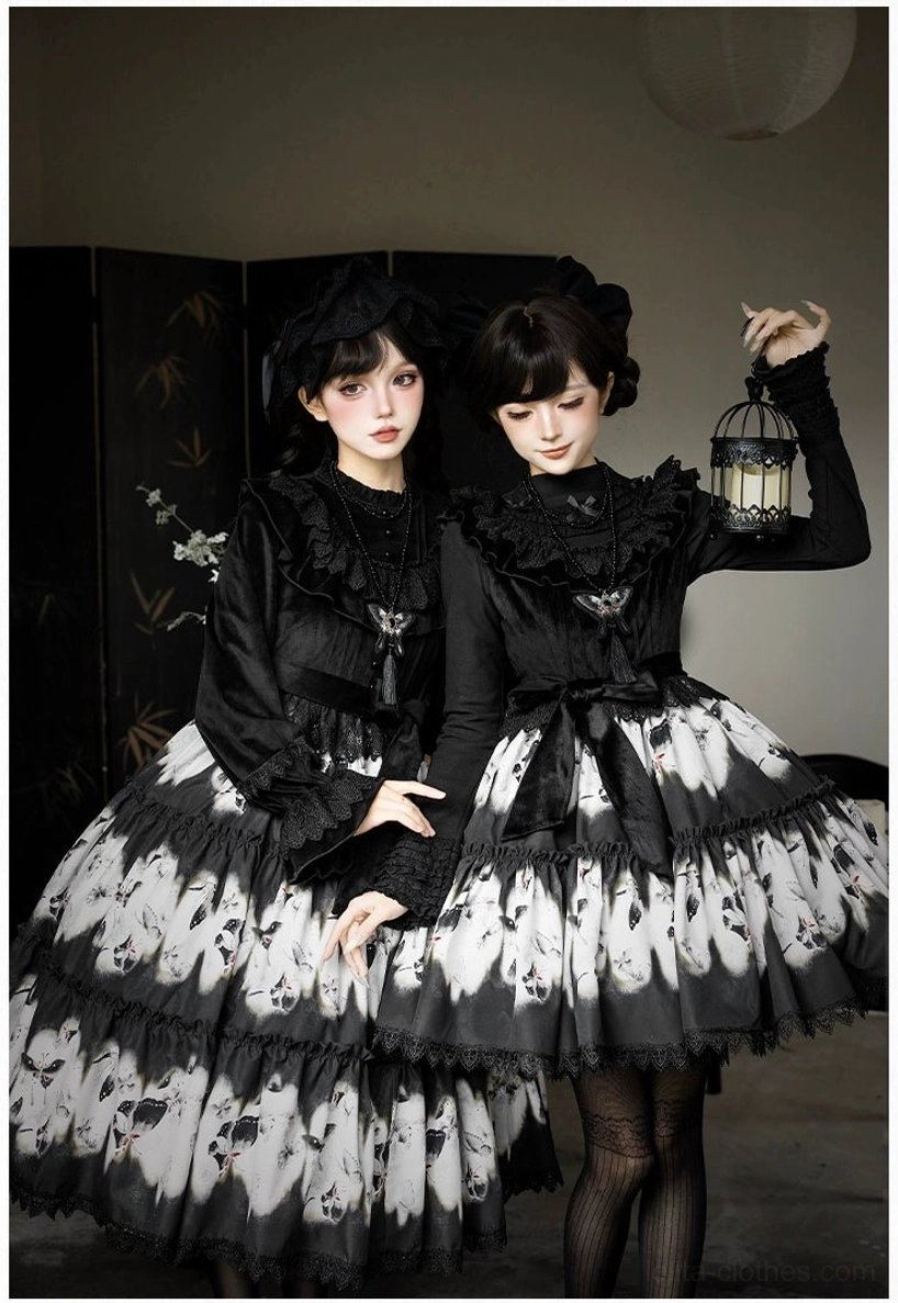 Dead leaf butterfly gothic lolita dress close-up full-body front view two models dark studio folding screen vintage lantern ruffled collar details