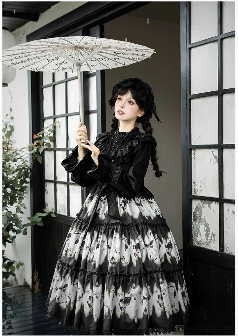 Dead leaf butterfly gothic lolita dress complete styling outfit black inner wear accessories coordination lolita fashion complete look