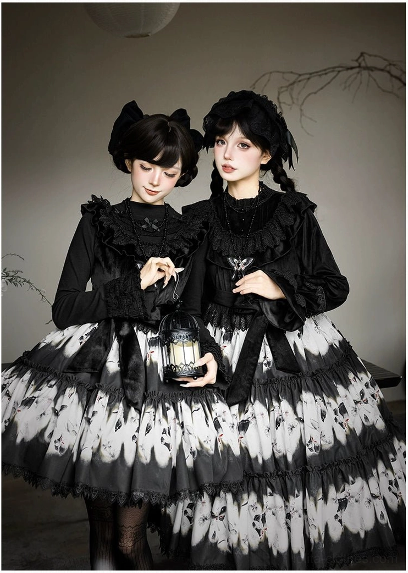 Dead leaf butterfly gothic lolita dress ruffled neckline detail lace trim double-layered round neck collar craftsmanship close-up