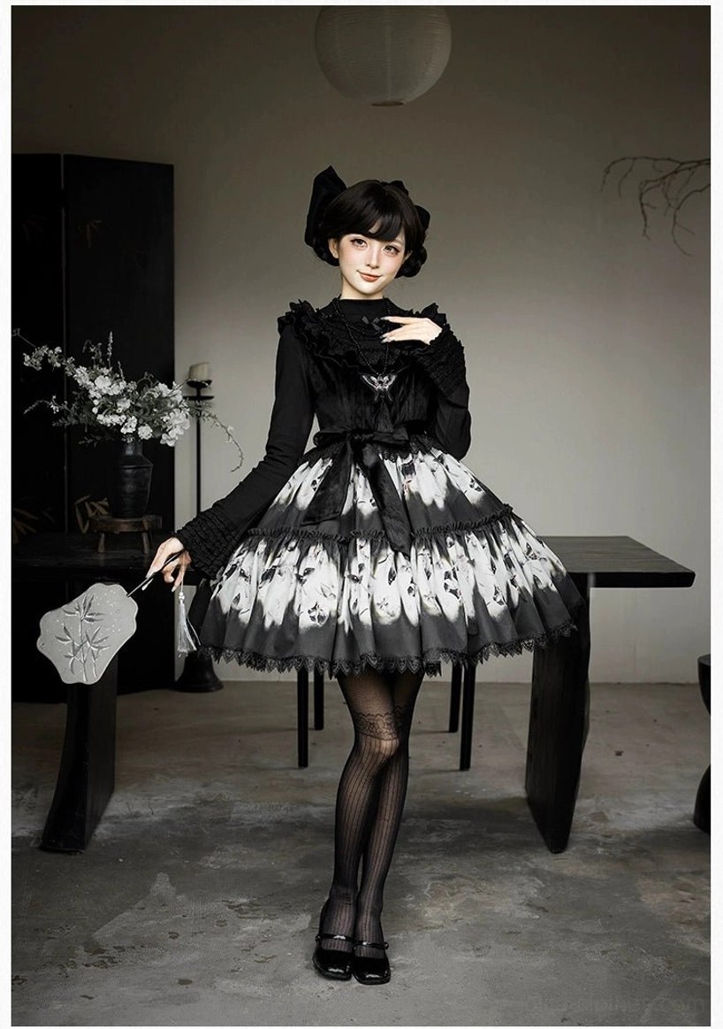 Single dead leaf butterfly gothic lolita dress side full-body view model minimalist vintage room paper fan black tights gothic loafers hair bow