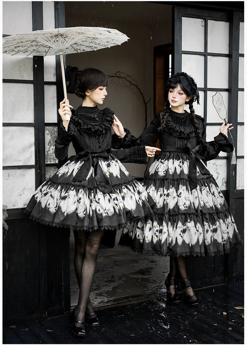 Dead leaf butterfly gothic lolita dress side view two models Japanese style room shoji windows paper parasol tiered skirt matching black dresses