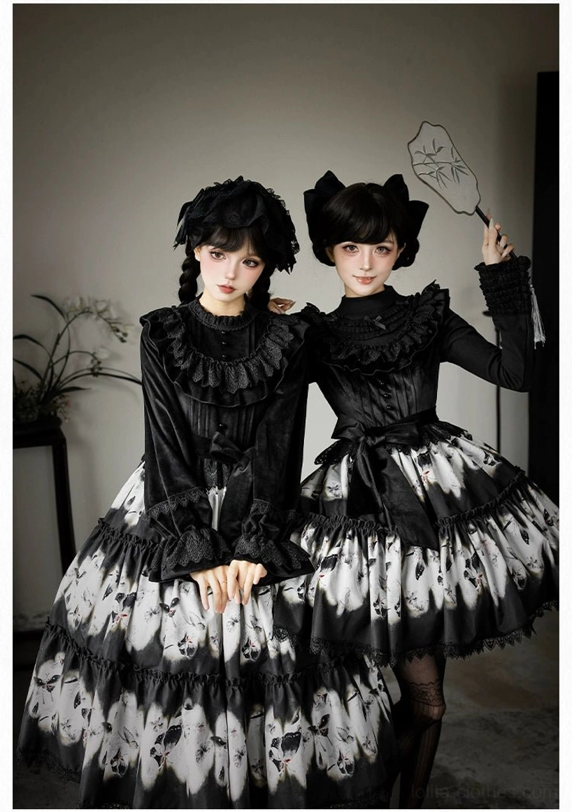 Dead leaf butterfly gothic lolita dress sizing detail close-up tiered skirt paneling butterfly print monochrome color fabric texture