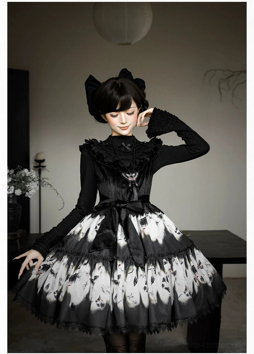 Dead leaf butterfly gothic lolita dress three-quarter view model vintage room floral lantern decor hair bow touch tiered butterfly skirt ruffled top