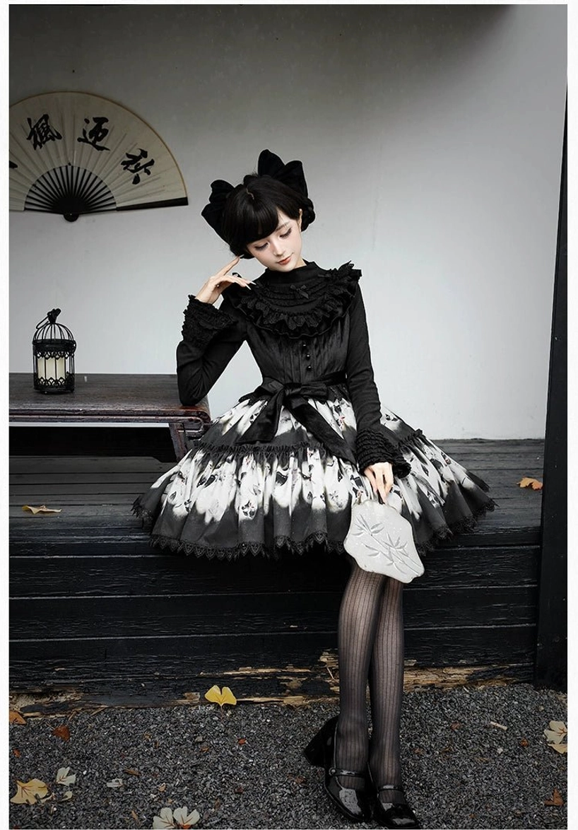Dead leaf butterfly gothic lolita dress waist ribbon tie detail non-detachable waist definition silhouette shaping black sash