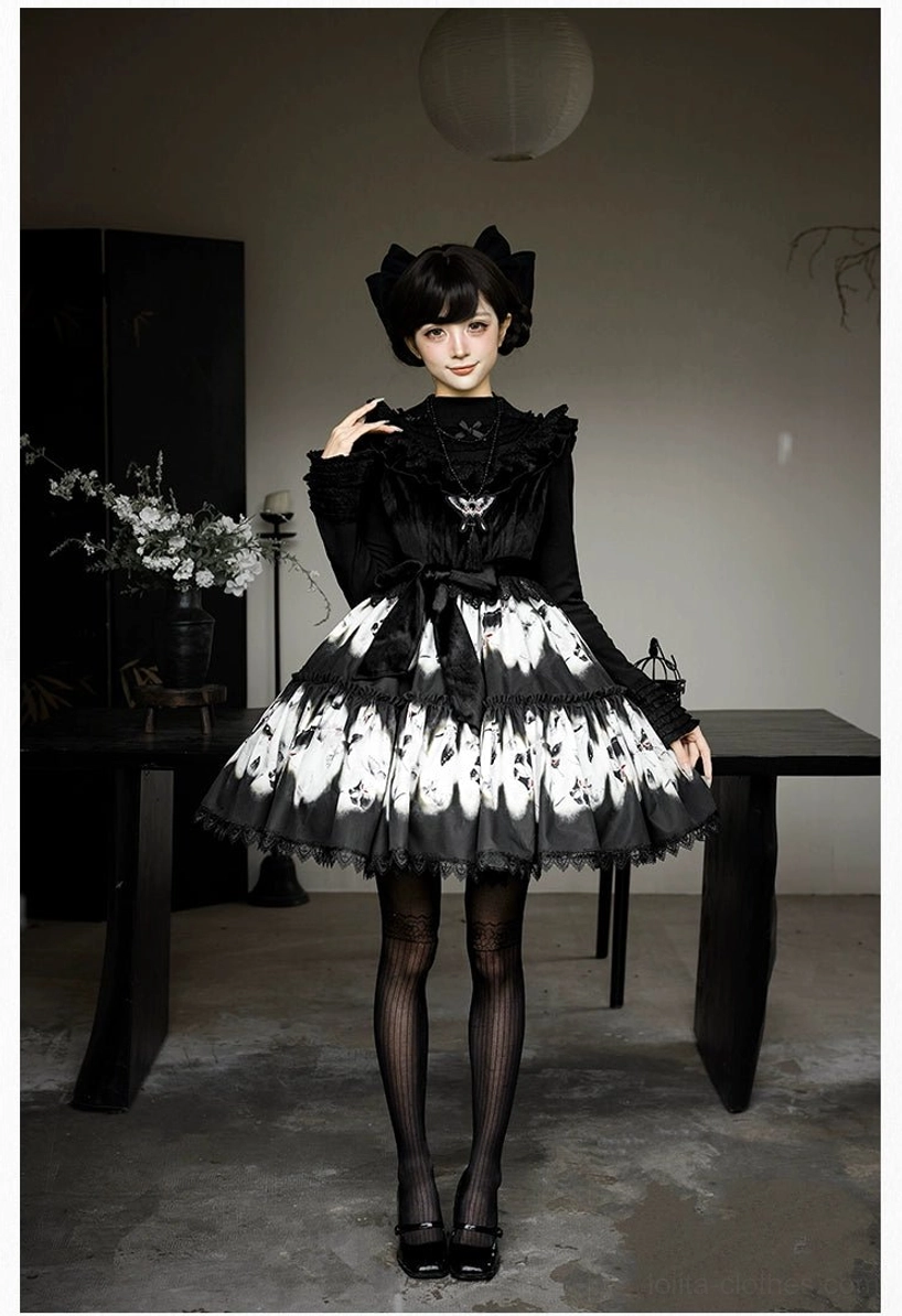 Dead leaf butterfly gothic lolita jsk jumper skirt construction double-layered ruffled neckline paneled skirt design architecture detail