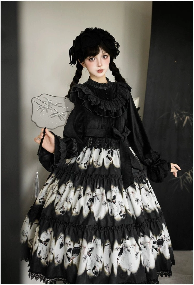 Dead leaf butterfly gothic lolita jsk op dress three-quarter back view model full tiered butterfly print skirt ruffled neckline waist sash braids