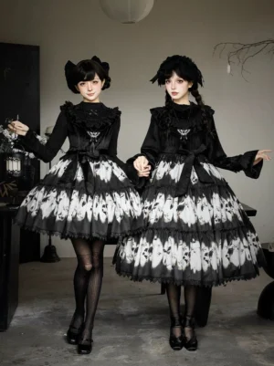 Dead leaf butterfly gothic lolita jsk and op dress set full-length front view two models vintage Japanese interior ruffled neckline tiered skirt butterfly print