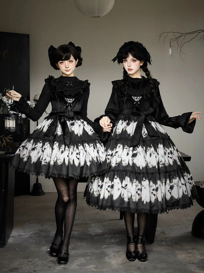 Dead leaf butterfly gothic lolita jsk and op dress set full-length front view two models vintage Japanese interior ruffled neckline tiered skirt butterfly print