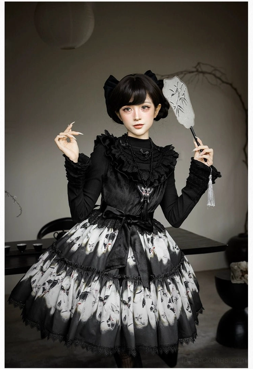 Dead leaf butterfly gothic lolita op one-piece dress construction relaxed silhouette three-section paneled skirt design detail