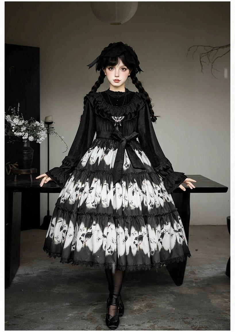 Dead leaf butterfly gothic lolita op one-piece dress styling standalone complete lolita fashion proportions tiered skirt volume