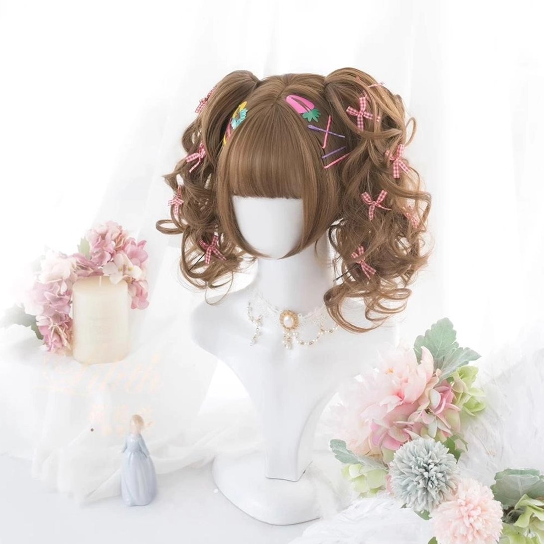 Decorated lolita double curly ponytail wig brown with blunt bangs colorful hair clips cross-shaped hairpins pink bow pins floral backdrop display