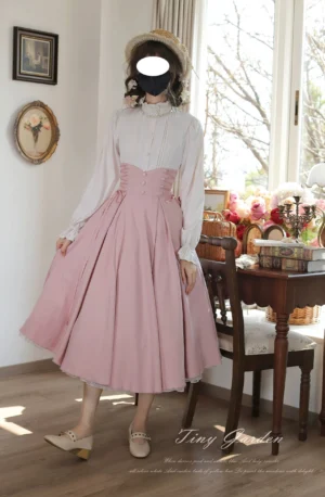 Dusty pink Deep Apricot Classic Lolita A-line midi skirt high-waist corset design white stand-collar blouse vintage dining room three-quarter side view