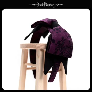 Deep purple floral printed elegant lolita bow headband with layered black fabric construction, gothic lolita accessory