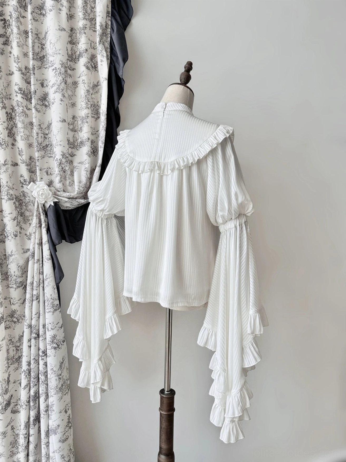 Deep red gothic lolita princess sleeve blouse with vertical striped pattern, showing rich burgundy tone and authentic lolita silhouette