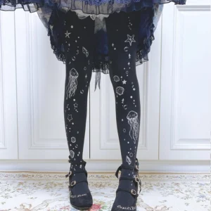 Black Deep Sea Jellyfish 120D velvet Lolita tights featuring oceanic jellyfish and star print design, paired with dark blue frilled Lolita skirt and black leather loafers for classic Lolita styling