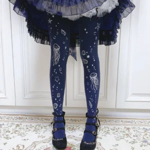 Dark blue Deep Sea Jellyfish 120D velvet Lolita tights with white jellyfish starfish and shell prints, styled with navy frilled Lolita skirt and black buckle loafers, perfect for gothic and romantic Lolita fashion coordinates