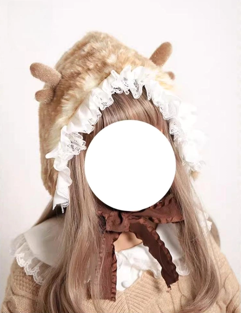 Styled coordination pairing plush deer ear lolita hat with casual knit sweater on mannequin showing versatile everyday wear aesthetic integration