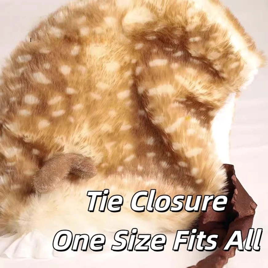 Close-up flat lay of faux rabbit plush deer ear hat body featuring spotted brown fuzzy exterior, tie closure fastening, and one-size-fits-all marking