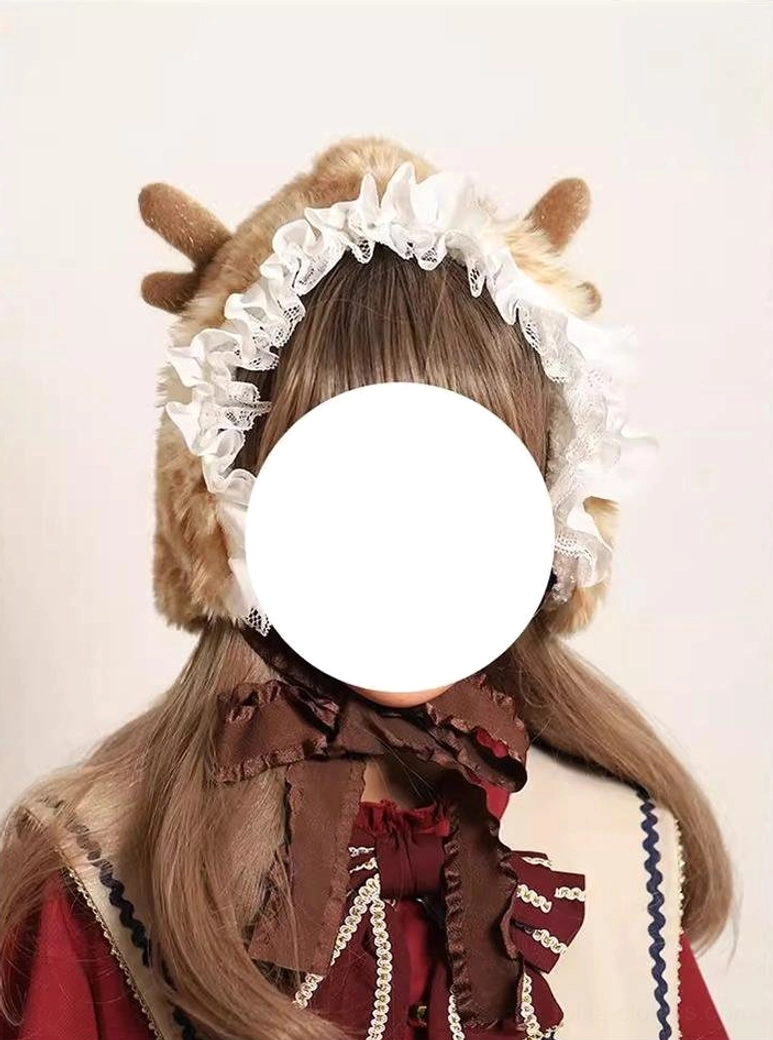 Lolita fashion coordination featuring brown plush deer ear winter hat styled with vintage lolita dress and full ear coverage demonstrating elegant theme aesthetic