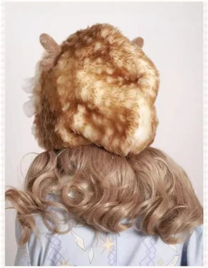 Back view of faux rabbit plush deer ear lolita headdress showing spotted brown fuzzy fabric and complete hat silhouette with ear coverage
