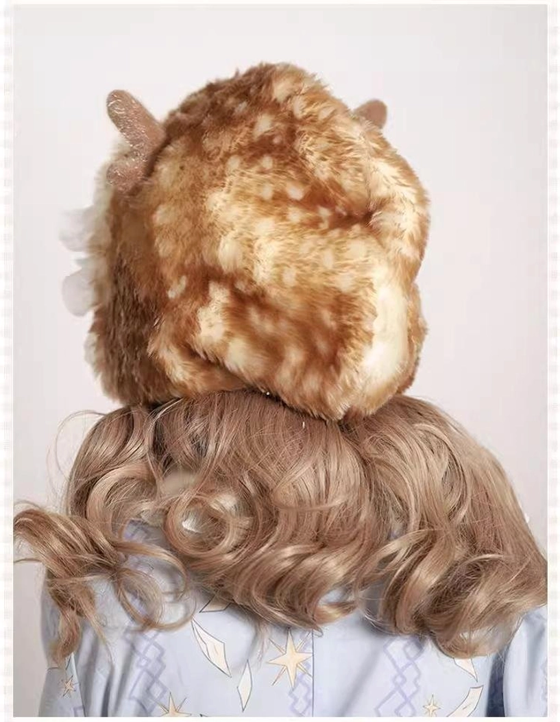 Back view of faux rabbit plush deer ear lolita headdress showing spotted brown fuzzy fabric and complete hat silhouette with ear coverage