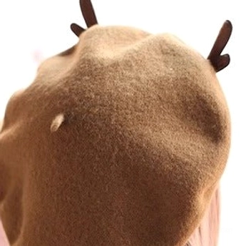 Back top view dark brown wool deer horn beret with bowknot lolita headpiece rear mounted ornaments