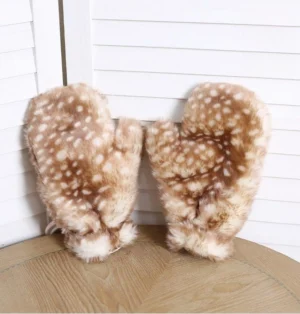 Brown and white deer spot kawaii Lolita plush winter mittens shown in a front flat lay view